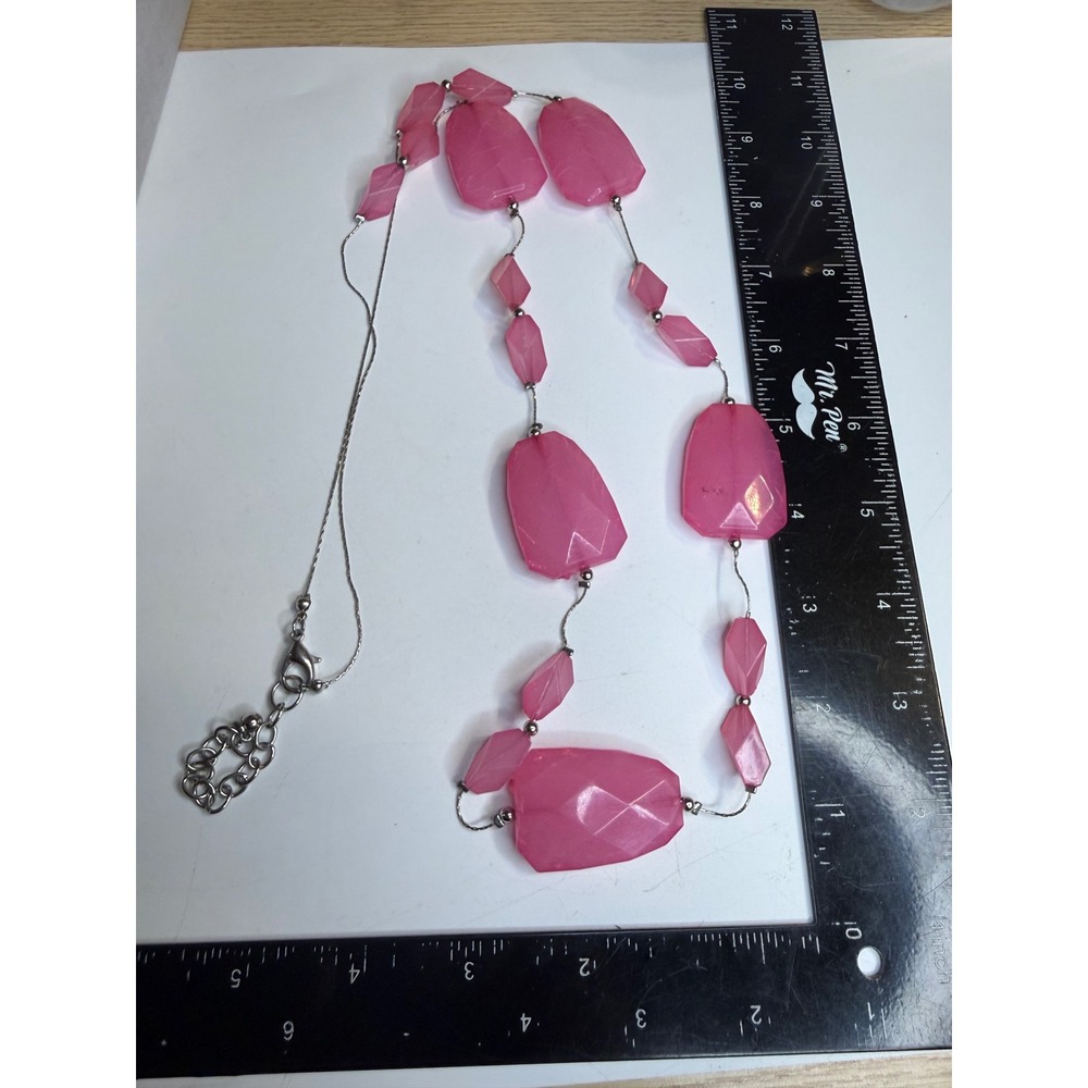 Pink Faceted Resin Bead Statement Necklace Silver Tone Lobster Clasp 22 Inch